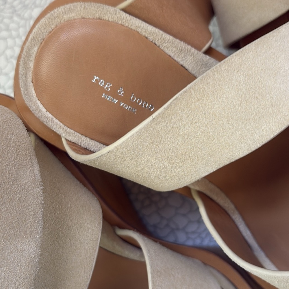 New! Rag & Bone Santiago Crisscross Wood Wedge Sandals Tan Suede Strap - Picture 10 of 11